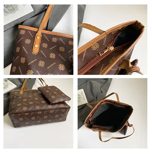 Vues détaillées du sac cabas vintage marron avec imprimé trèfle et pochette assortie