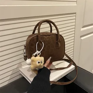 Vintage Leopard Print Suede Satchel Bag For Women Elegant Top Handle Crossbody Handbag With Removable Strap And Plush Charm