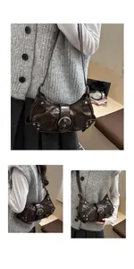 Détails du sac à bandoulière marron vintage avec texture plissée et rivets argentés