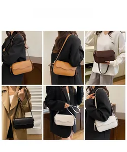 Vues détaillées du sac bandoulière demi-lune minimaliste en plusieurs couleurs sur mannequin
