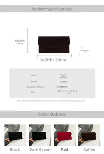 Detailed size specifications for minimalist suede envelope clutch available in four colors