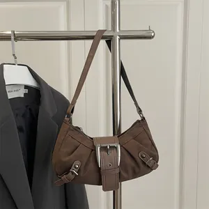 Vintage dark brown large capacity shoulder bag with silver buckle and suede texture