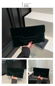 Detail of dark green velvet envelope clutch with geometric flap and structured texture