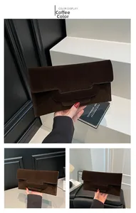 Detail of coffee brown faux suede envelope clutch with unique triple wave fold design