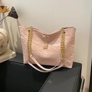 Women's Vintage Pink Pleated Tote Bag Fashion Chain Shoulder Bag Large Capacity Handbag With Deer Pendant For Commuting Travel