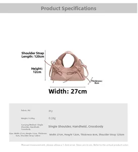 Pink PU leather handbag dimensions 27x12x8cm showing adjustable bow drawstring details