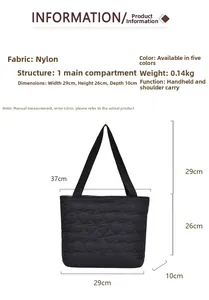 Detailed view of quilted nylon tote bag with rhombus pattern and dimensions display