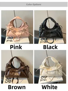 Detail view of four stylish tote bags in pink, black, coffee, and white with bow accents