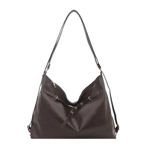 Vintage dark brown large capacity faux leather hobo shoulder bag with golden hardware