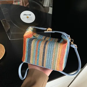 Women Fashion Straw Woven Handbag Contrast Color Stripe Box Crossbody Bag With Detachable Strap Vacation Beach Style