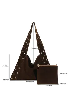 Tableau des tailles avec dimensions du grand sac en daim marron et de sa pochette