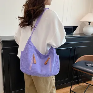 Large purple corduroy crescent crossbody bag for women, stylish casual shoulder tote bag