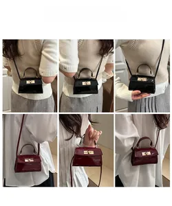 Collage showing mini fashion crossbody bag in black and burgundy with metal clasp