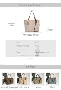 Guía de tallas del bolso tote y la pequeña bolsa con dimensiones y detalles del estampado