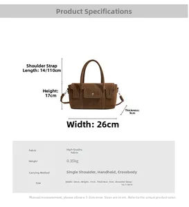 Detailed view of brown suede handbag dimensions showing 26cm width and 17cm height