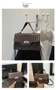 Detailed views of the coffee brown woven crossbody bag with gold-tone twist lock and strap