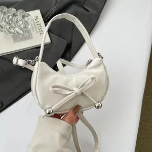 Sac à Bandoulière Mini Croissant Mode Femme Similicuir PU Nœud Perle Argentée Sac à Main Épaule Design Niche Hobo Bag