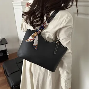 Women's Minimalist PU Leather Tote Bag with Decorative Satin Scarf Contrast Stitching Large Capacity Shoulder Bag Daily Handbag