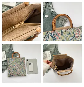 Detailansicht der Baumwoll-Leinen-Tasche mit Blumenmuster, Bambusgriffen und Reißverschluss