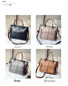 Detailed grid view of retro PU leather tote bags in black, pink, grey, and yellow-brown