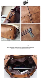 Detail of vintage PU leather bag showing stitching, metal studs and spacious interior