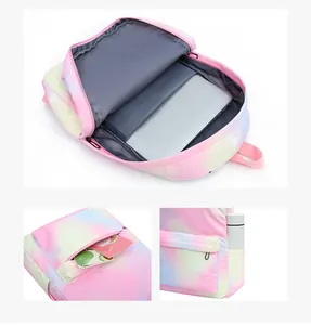 Three-panel view of starry gradient school bag showing interior laptop compartment and pockets