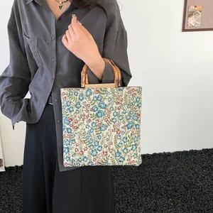 Damen Vintage Jacquard Tragetasche Mit Bambusgriff Große Kapazität Blumenmuster Baumwolle Leinen Stoff Handtasche Für Den Alltag