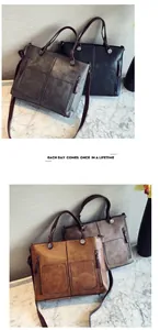 Vertical collage showing four colors of vintage PU leather tote bags with front pockets