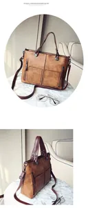 Detail view of vintage brown leather tote with double zip pockets and removable strap