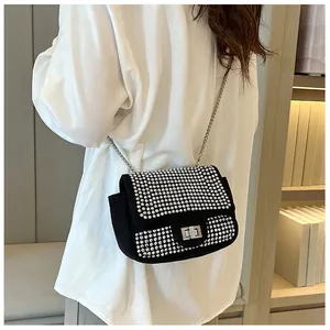 Detail of a black velvet square bag featuring sparkling rhinestones and silver chain strap