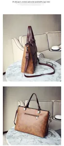 Detail view of vintage brown PU leather bag with double handles and adjustable strap
