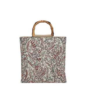 Große Shopper-Tasche aus Jacquard mit Vintage-Bambusgriffen und rustikalem Blumenmuster