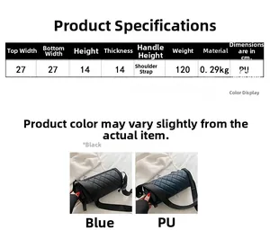 Detailed size specifications for the quilted cylinder bag in black and blue PU leather
