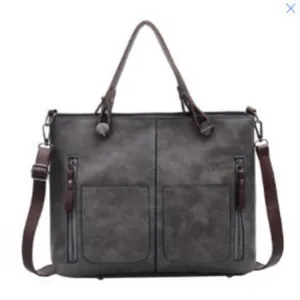 Retro grey PU leather tote bag with double front pockets and brown shoulder straps