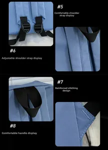 Dettagli dello zaino in nylon blu con spallacci larghi e cuciture rinforzate