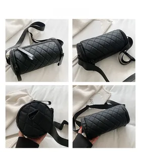 Detailed views of black quilted cylinder crossbody bag with diamond pattern and wide strap