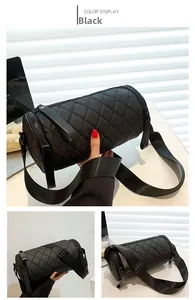 Close-up of black quilted cylinder bag detail showing the smooth nylon and wide strap