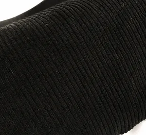 Close-up of black corduroy fabric texture with vertical stripe design and soft feel