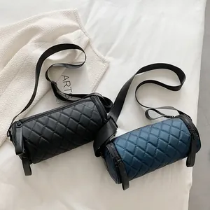 Rhombic Quilted Cylinder Shoulder Bag For Women PU Leather Crossbody Bag With Adjustable Wide Strap Casual Fashion Handbag