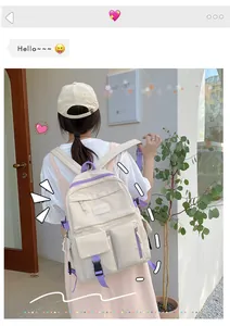 Détails d'un sac à dos étudiant beige avec sangles mauves et poches multiples