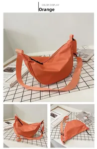 Diseño de tres vistas del bolso media luna de nailon naranja con correa ajustable