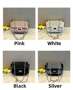 Sparkly rhinestone square chain bag available in pink, white, black and silver