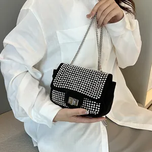 Women Rhinestone Crossbody Bag Faux Suede Flap Square Bag Silver Metal Chain Strap Elegant Evening Party Shoulder Bag