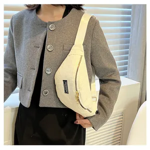 Detail of off-white corduroy crossbody bag with golden zippers and fashion label