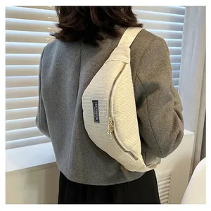 Detail of off-white corduroy chest bag featuring golden zippers and a fashion label