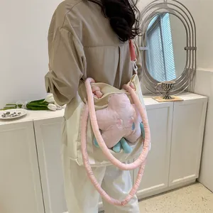 Elegante borsa tote in tela con ciondolo a stella in peluche rosa e tracolla