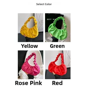 Collage of pleated dumpling bags in yellow, green, rose red and red colors