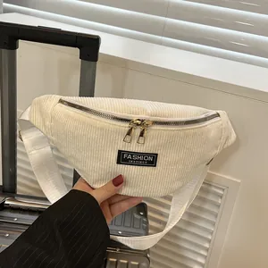 Fashion Corduroy Chest Bag For Women Men Casual Striped Waist Bag With Gold Zipper Adjustable Strap Unisex Crossbody Bag