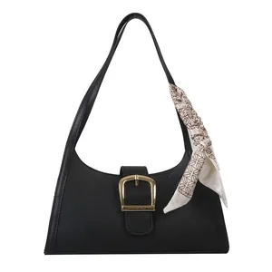 Quilted black PU leather shoulder bag with gold square buckle and decorative silk scarf