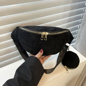 Black corduroy crossbody chest bag for men and women with circular mini coin pouch